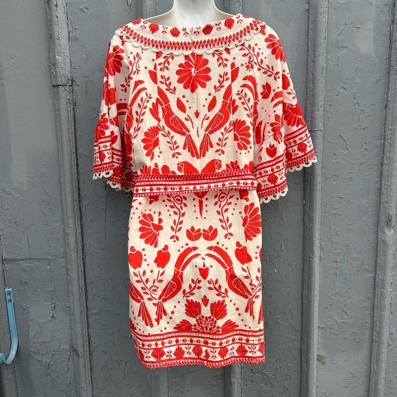 Farm Rio Jungle Flow Belted Mini Dress Red/ Cream Linen, Small - Picture 6 of 16